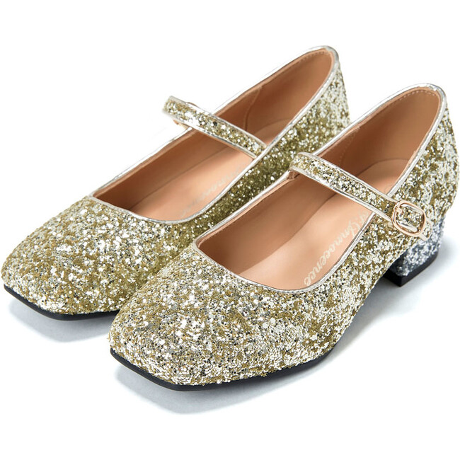 Agnese 2-Color Glitter Buckle Strap Mary Jane Shoes, Gold & Silver