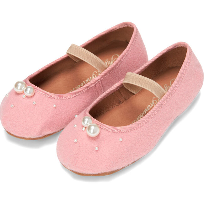 Zelda Wool & Faux Pearls Elastic Strap Ballerina Shoes, Pink