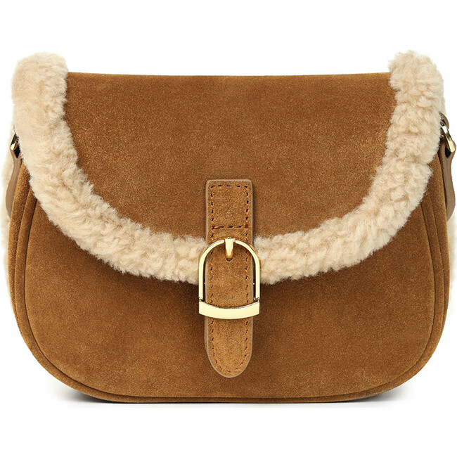 Shae Suede Crossbody Buckled Bag, Camel