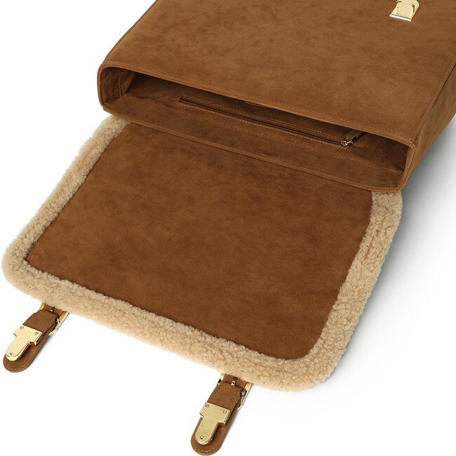 Sansa Shearling Fur Piped Suede School Bag, Camel - Backpacks - 4