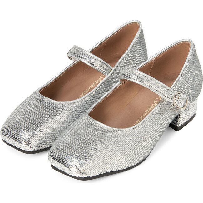 Agnese Heeled Sequins Mary Jane Shoes, Silver