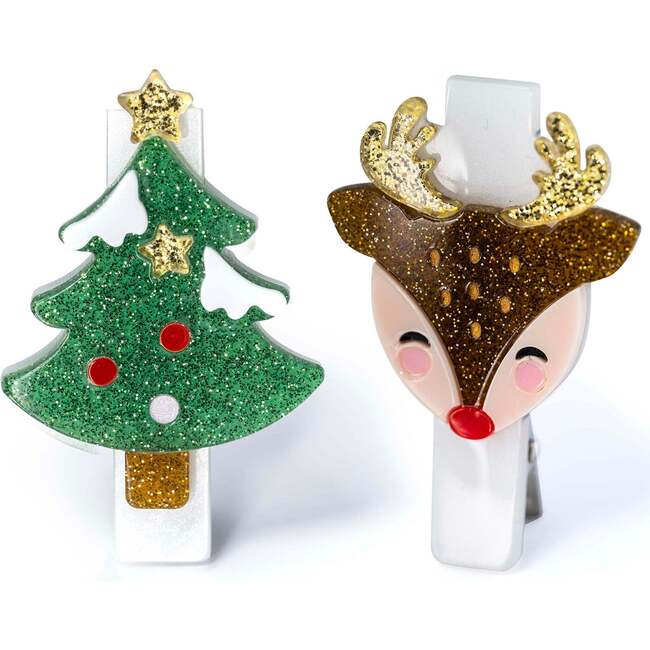 Tree Reindeer Glitter Hair Clips