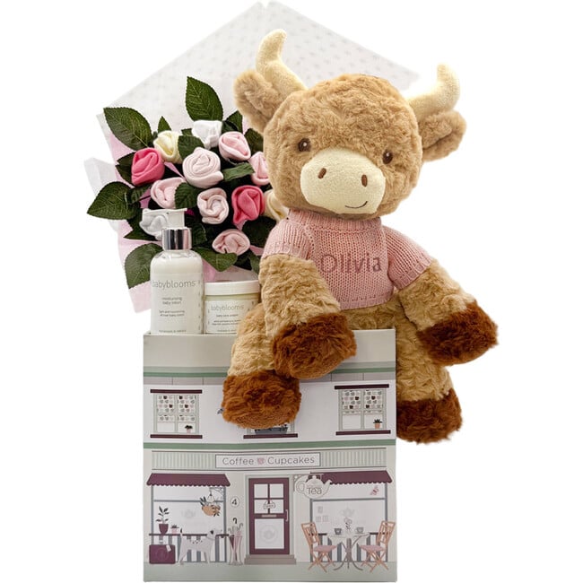 Personalized Harriet Highland Cow Welcome Baby Hamper, Pink