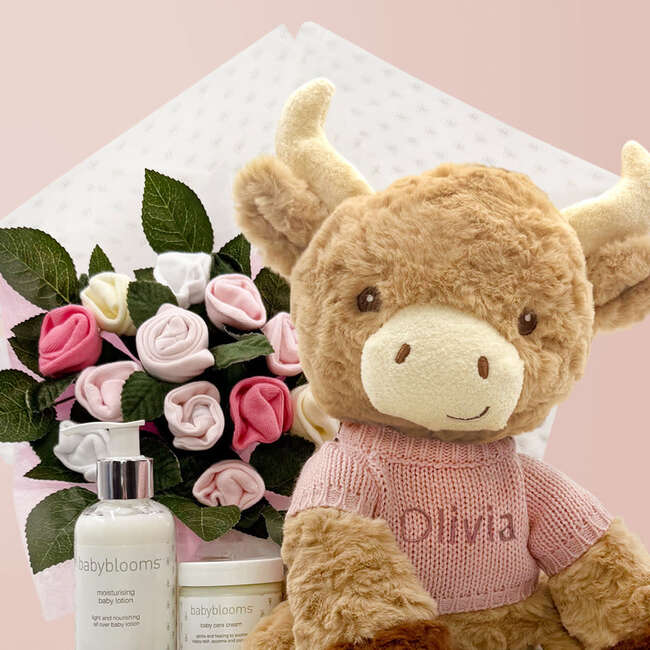 Personalized Harriet Highland Cow Welcome Baby Hamper, Pink