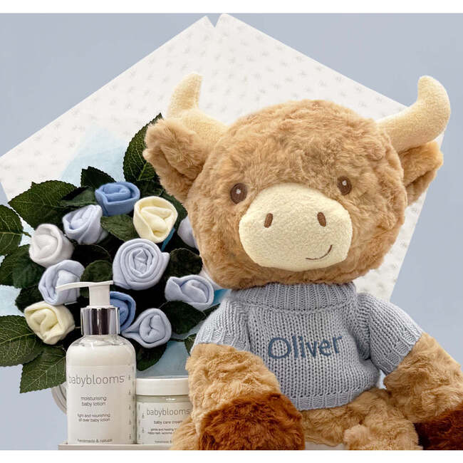 Personalized Harriet Highland Cow Welcome Baby Hamper, Blue