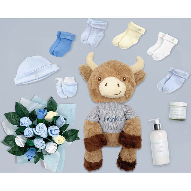Personalized Harriet Highland Cow Welcome Baby Hamper, Blue - Mixed Apparel Set - 7