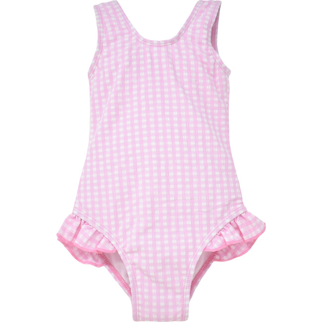 UPF 50 Delaney Hip Ruffle Swimsuit, Pink Gingham Seersucker - One Pieces - 1