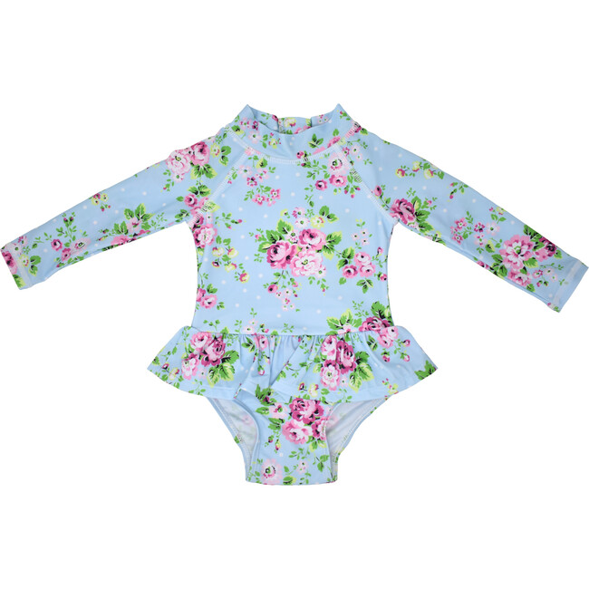 UPF 50+ Alissa Infant Ruffle Rash Guard Swimsuit, Blue Country Floral - One Pieces - 1