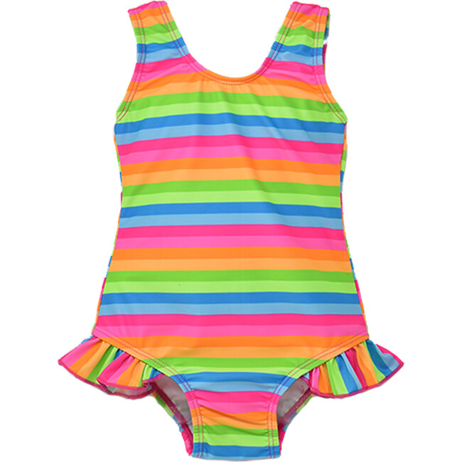 Delaney Hip Ruffle Swimsuit, Neon Stripe - One Pieces - 1
