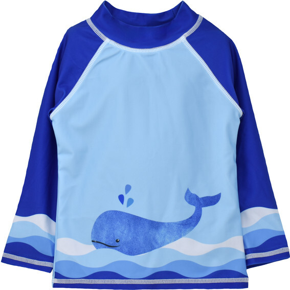 UPF 50 Graphic Rash Guard Swim Top, Splish Splash Whale Blue