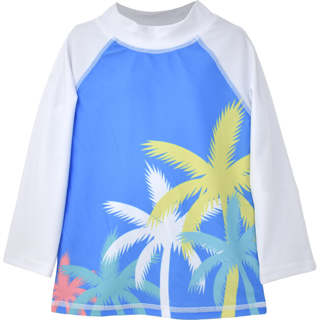 UPF 50+ Graphic Rash Guard Swim Top, Palm Paradise Blue