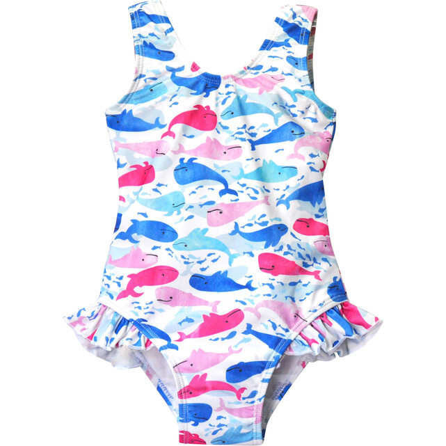 UPF 50 Delaney Hip Ruffle Swimsuit, Rosy Whales - One Pieces - 1