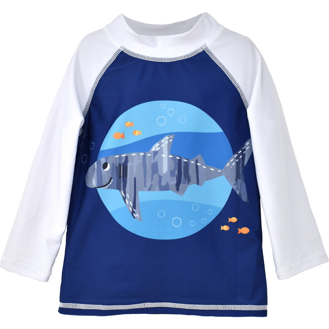 UPF 50+ Graphic Rash Guard Swim Top, Artsy Sharks