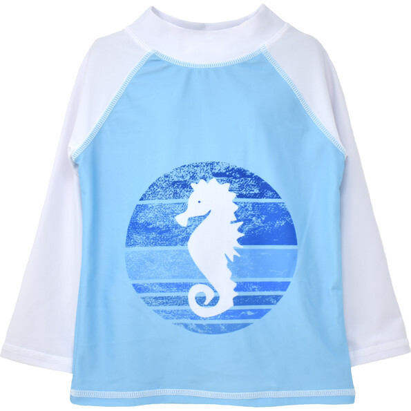 UPF 50 Graphic Rash Guard Swim Top, Seahorse Parade Blue