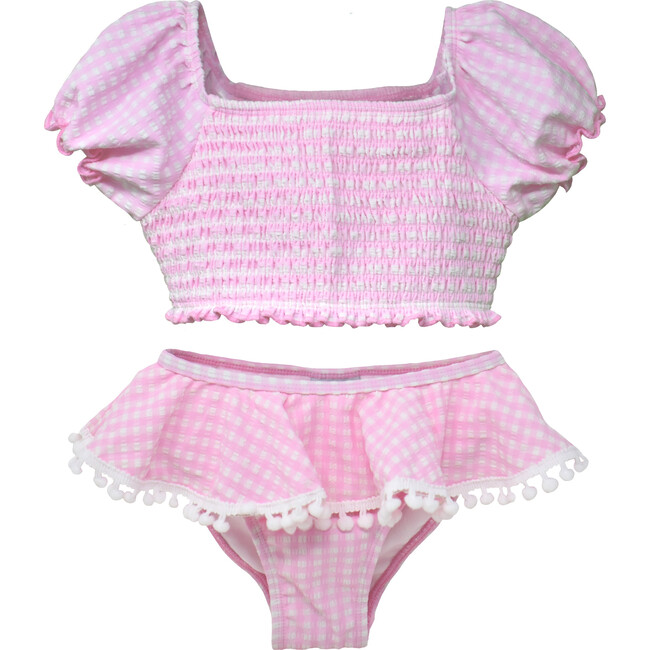 UPF 50+ Gemma Two-Piece Smocked Pom-Pom Swimsuit, Pink Gingham Seersucker - Two Pieces - 1