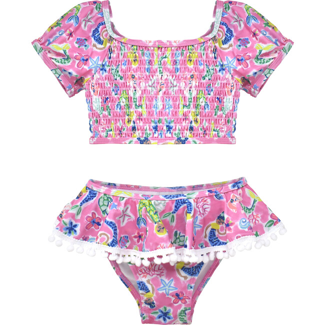 UPF 50+ Gemma Two-Piece Smocked Pom-Pom Swimsuit, Mystic Mermaids - Two Pieces - 1