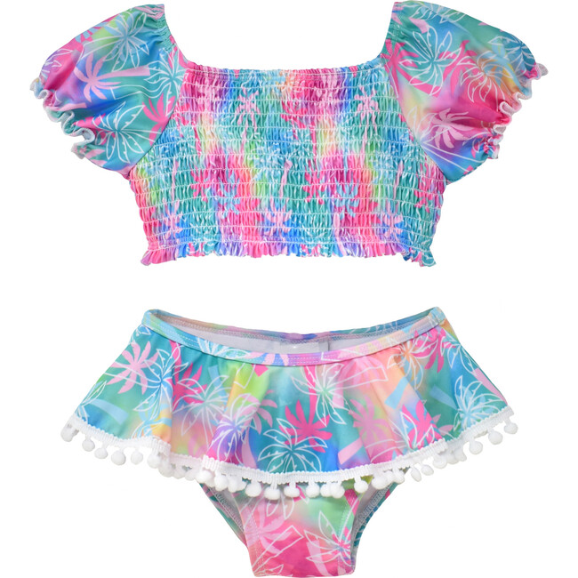 UPF 50+ Gemma Two-Piece Smocked Pom-Pom Swimsuit, Pink Tropical Palms - Two Pieces - 1