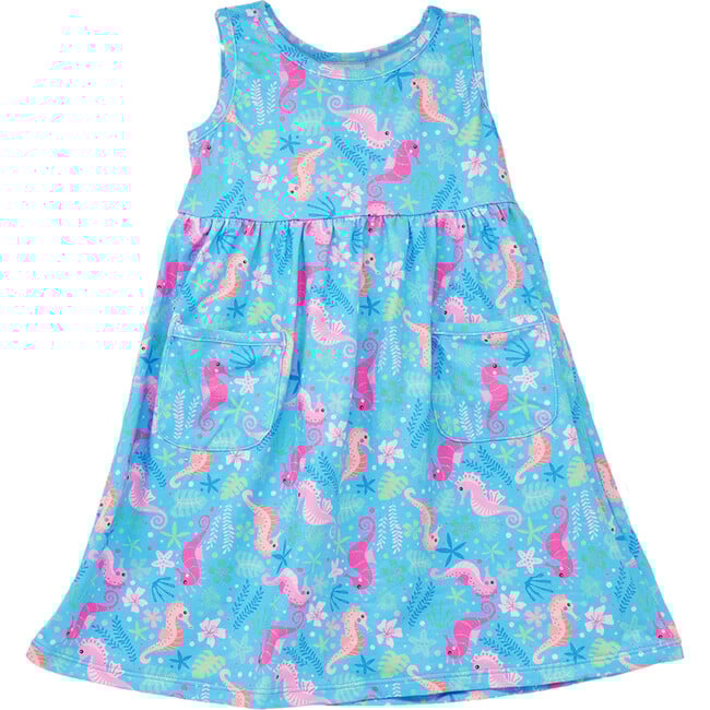 UPF 50+ Dahlia Sleeveless Tee Dress w/ Pockets, Seahorse Garden