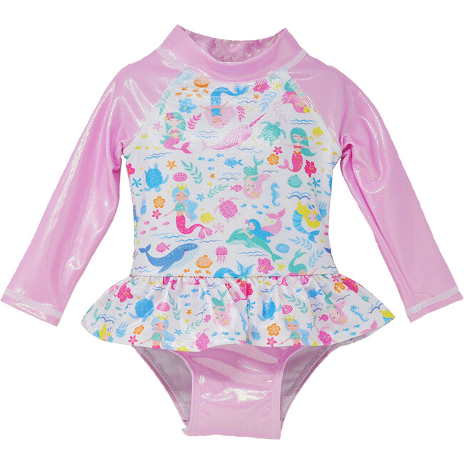 UPF 50+  Alissa Infant Ruffle Rash Guard Swimsuit, Mermaid Friends