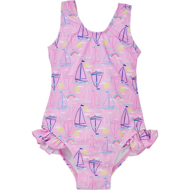 UPF 50+ Delaney Hip Ruffle Swimsuit, Sail Away