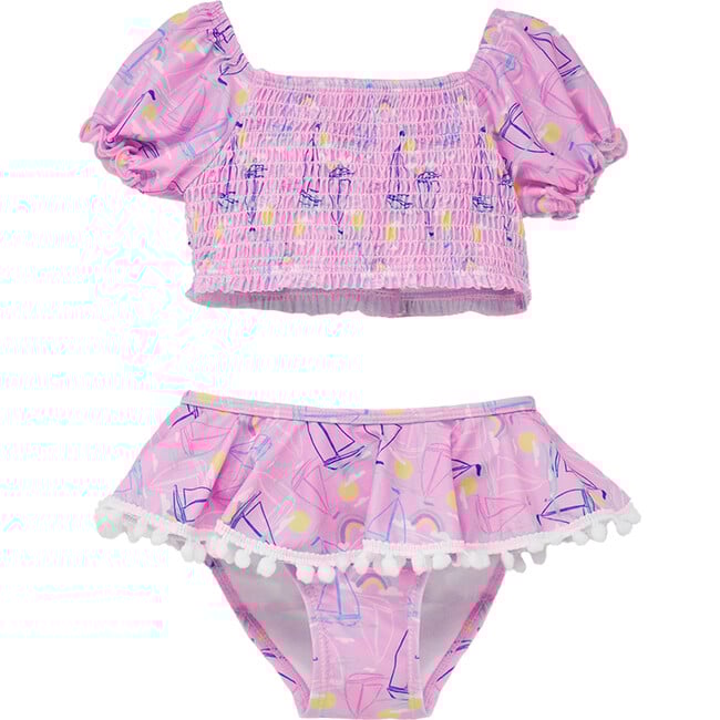 Gemma Two Piece Smocked Pom-Pom Swimsuit, Sail Away