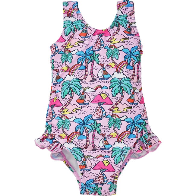 UPF 50+ Delaney Hip Ruffle Swimsuit, Island Doddles