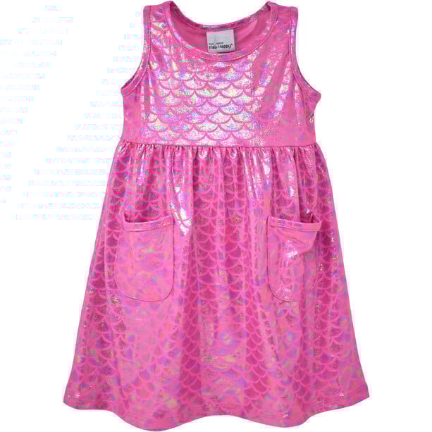 UPF 50 Dahlia Sleeveless Pocket Tee Dress, Shiny Pink Scales - Dresses - 1