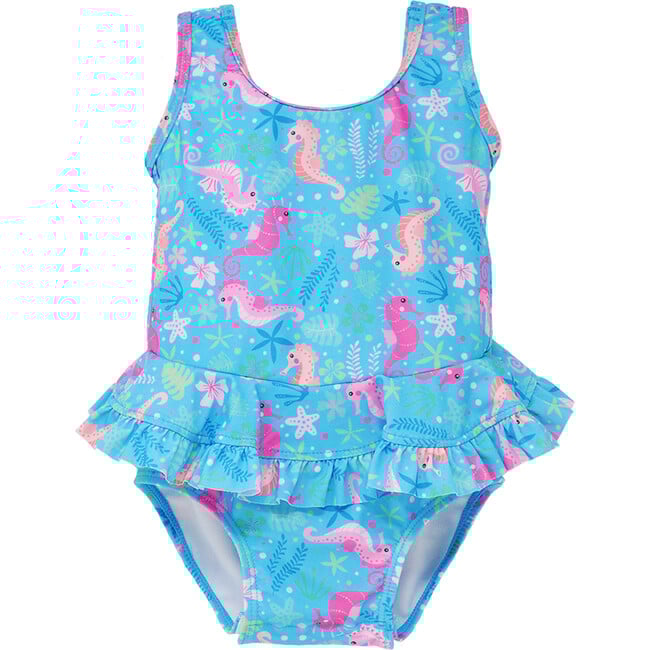 UPF 50+ Stella Infant Ruffle Swimsuit, Seahorse Garden