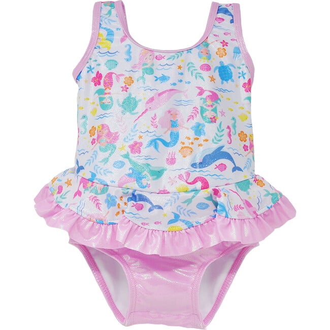 UPF 50+ Stella Infant Ruffle Swimsuit, Mermaid Friends