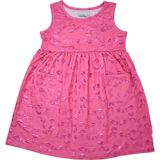 UPF 50 Dahlia Sleeveless Tee Dress w/ Pockets, Fancy Unicorns - Dresses - 1