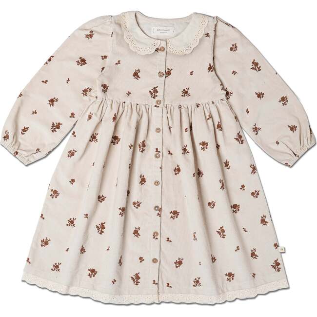 Organic Corduroy Collared Button Dress, Brown Floral