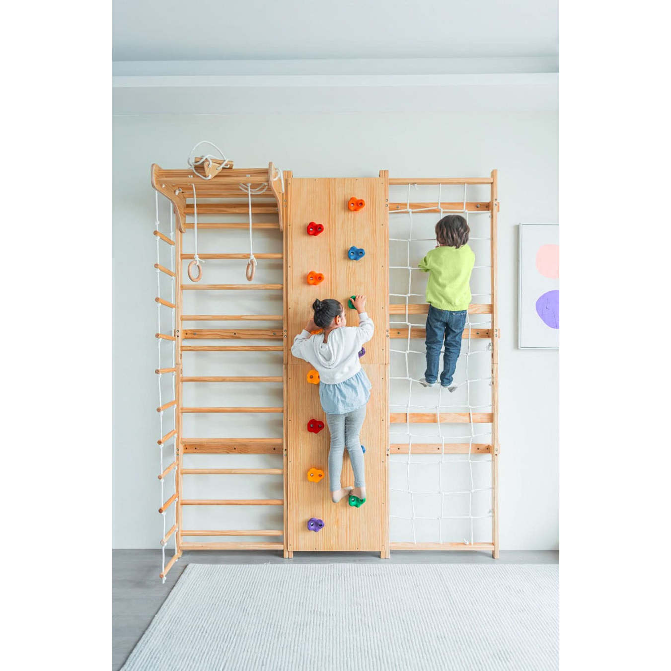 Walnut 9-in-1 Swedish Ladder Wall Gym - Indoor Wooden Climber & Activity Set for Kid, 79"H