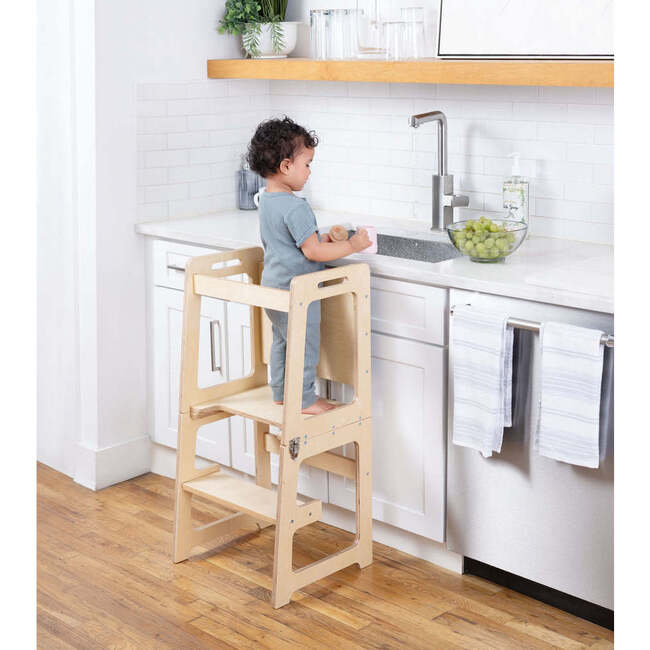 Date - 4 in 1 Kitchen Tower, Desk, Step Stool and Chalkboard, Natural