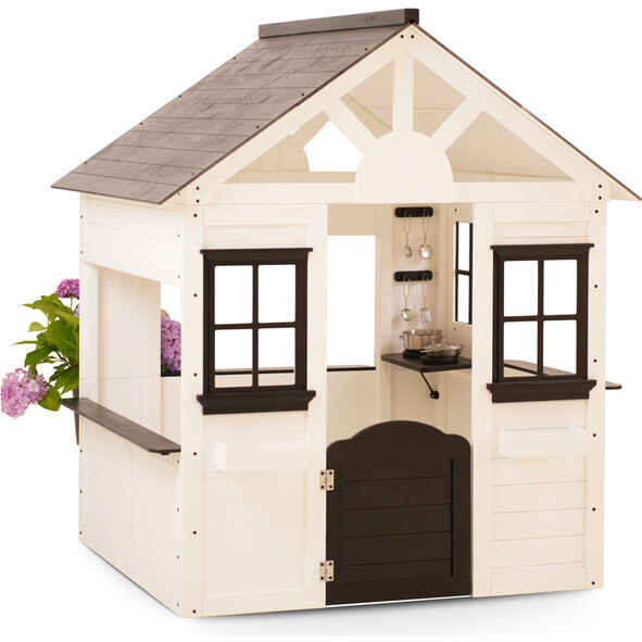 Casa Modern White Wooden Playhouse with Black Trim – Kids Outdoor/Indoor Cottage Playhouse