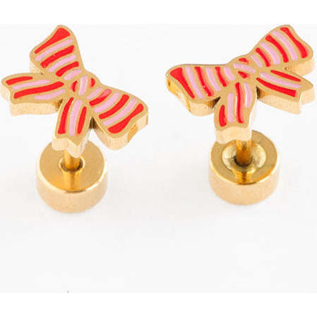 Striped Bow Stud Earrings, Striped Red