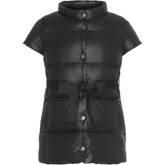 Featherlight Short Sleeve Ribbon Waist Down Vest, Black