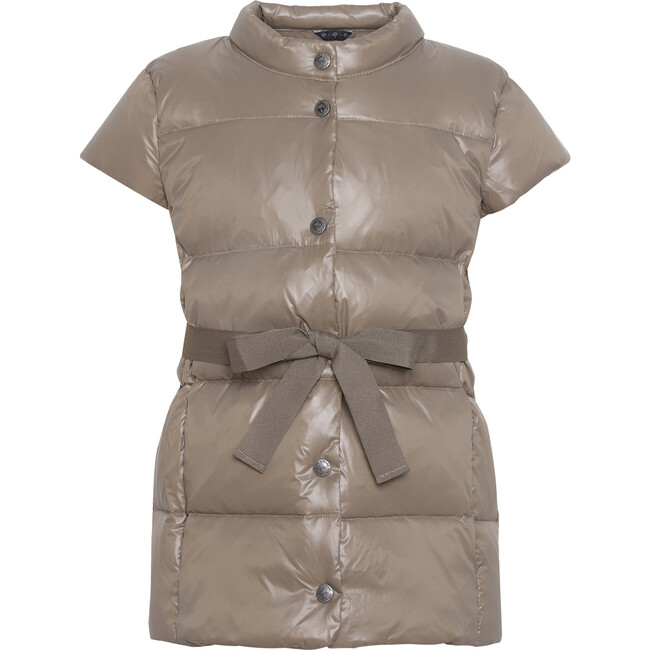 Featherlight Short Sleeve Ribbon Waist Down Vest, Caramel