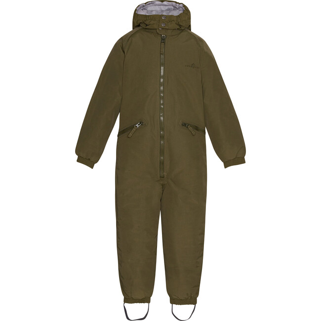 Children Detachable Hood Elastic Back & Cuff Zipper Wintersuit, Dark Olive