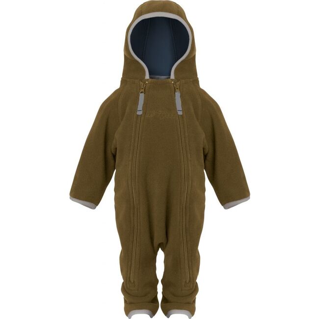 Baby Doubleface Contrast Color 2-Zipper Fleece Babysuit, Hazelnut & Navy