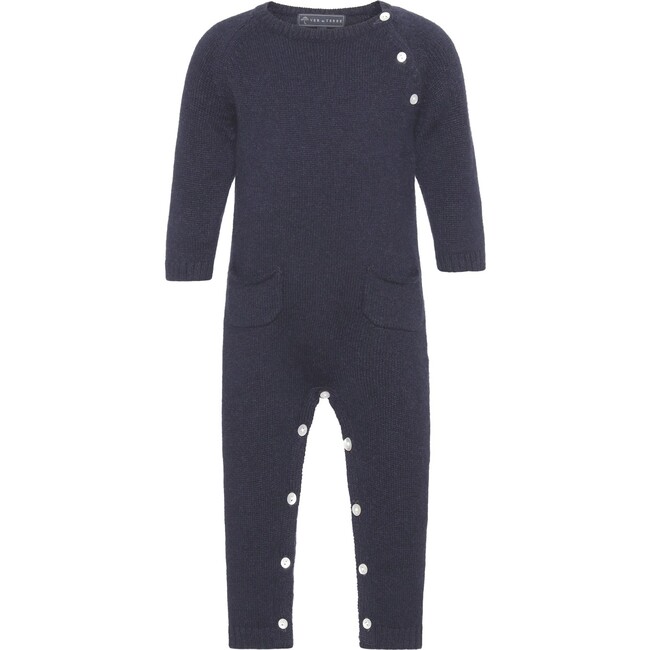 Baby Cashmere Long Sleeve Leg Snaps Knit Babysuit, Navy