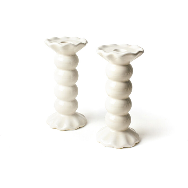 Signature White Medium Knobbed Candle Holder with Ruffle, Set of 2