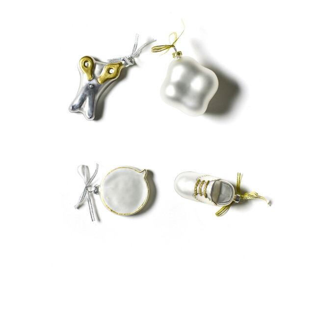 Set of 4 Baby's First Milestones Glass Ornaments, Silver