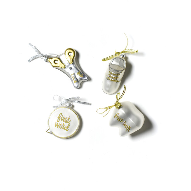 Set of 4 Baby's First Milestones Glass Ornaments, Silver - Ornaments - 4