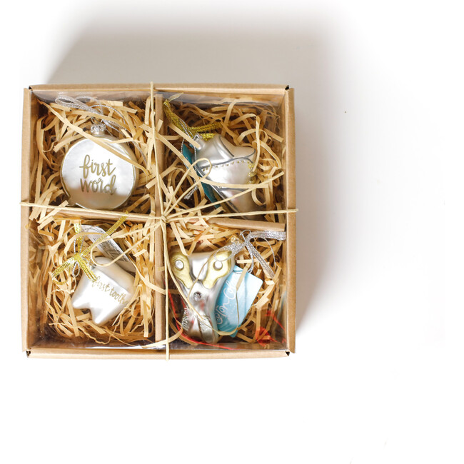 Set of 4 Baby's First Milestones Glass Ornaments, Silver - Ornaments - 5