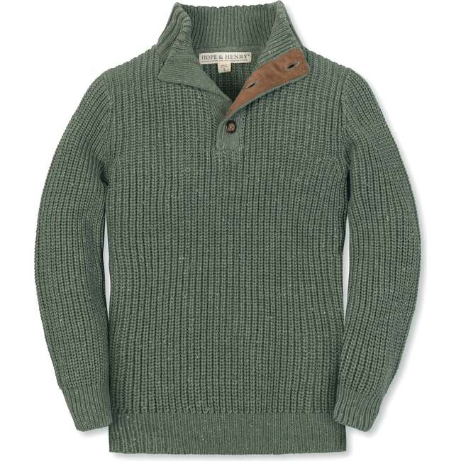 Organic Mock Neck Cardigan Stitch Sweater, Sage Fleck