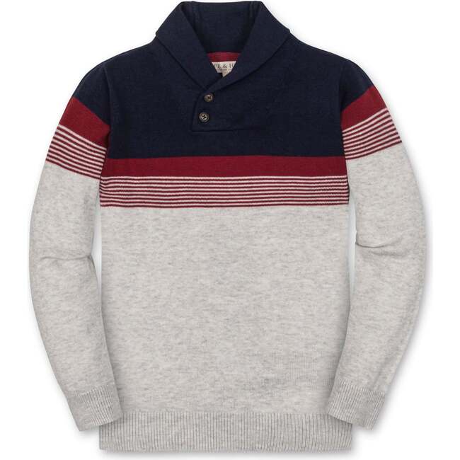 Organic Long Sleeve Striped Shawl Collar Sweater, Navy and Light Gray Chest Stripe