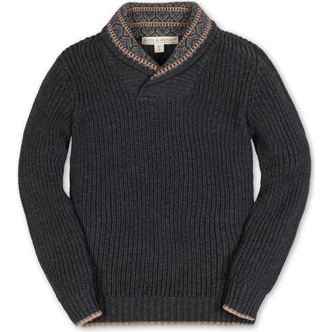 Organic Long Sleeve Shawl Collar Sweater with Intarsia Detail, Charcoal Heather with Collar Detail