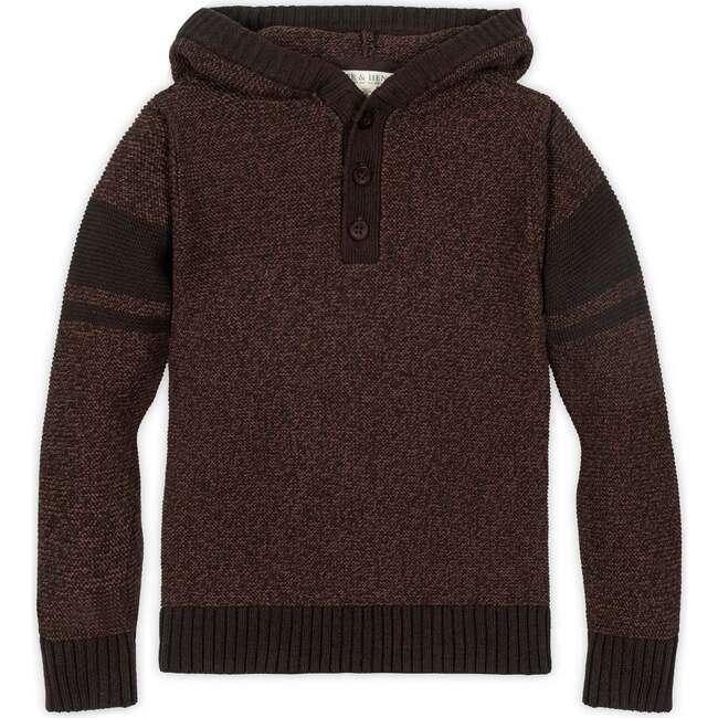 Organic Long Sleeve Hooded Henley Sweater, Chocolate Marl