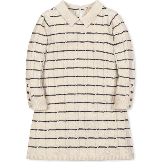 Organic Long Sleeve Peter Pan Collar Sweater Dress, Ivory Cable Breton Stripe
