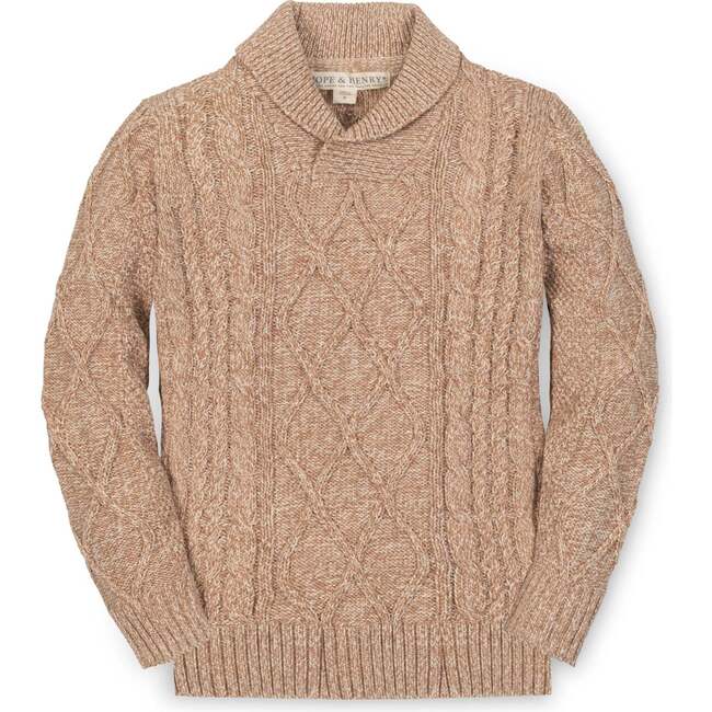 Organic Long Sleeve Shawl Collar Cable Sweater, Camel Heather